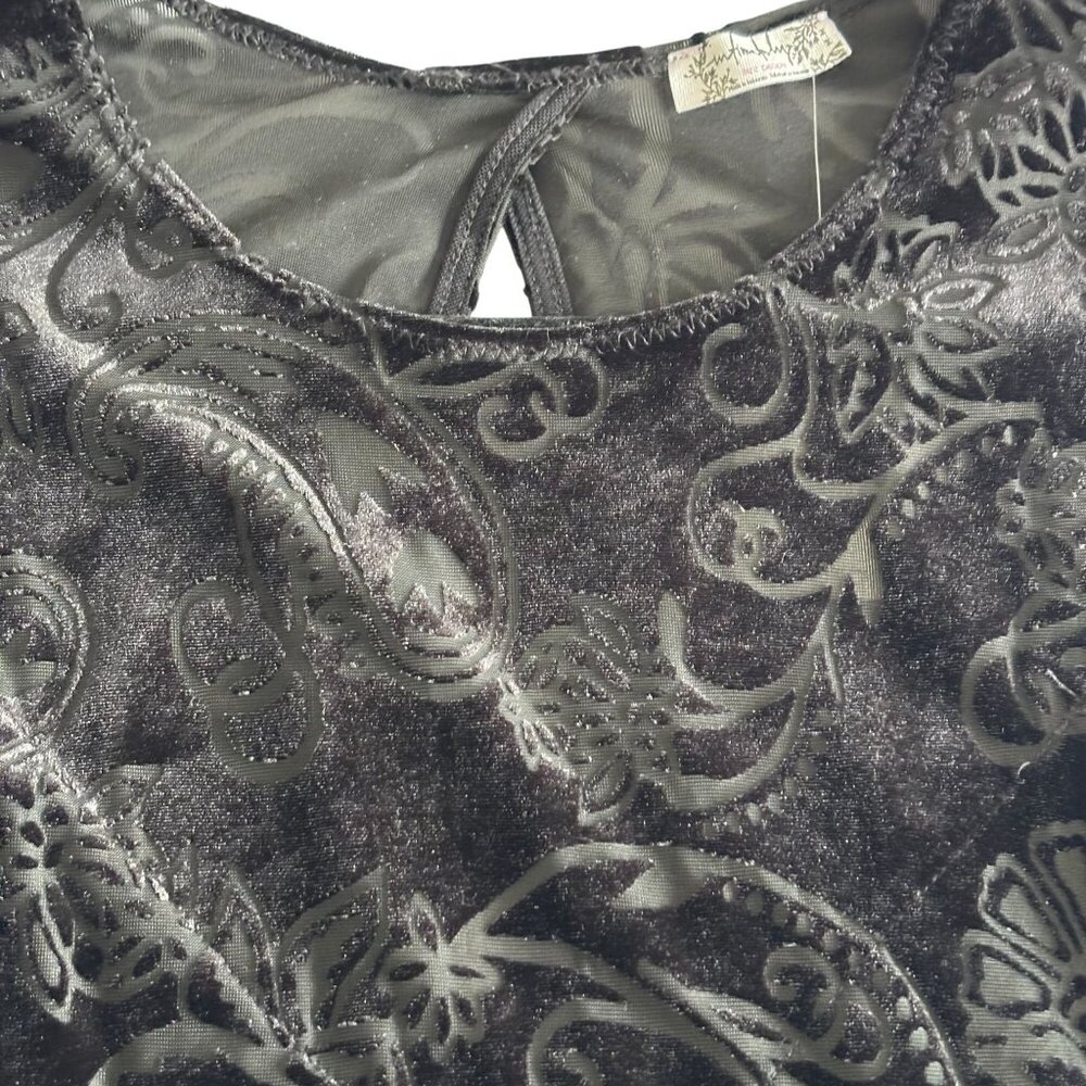 Free People Black Velvet Floral Sleeveless Bodycon Mini Dress Keyhole Back M - Picture 7 of 12